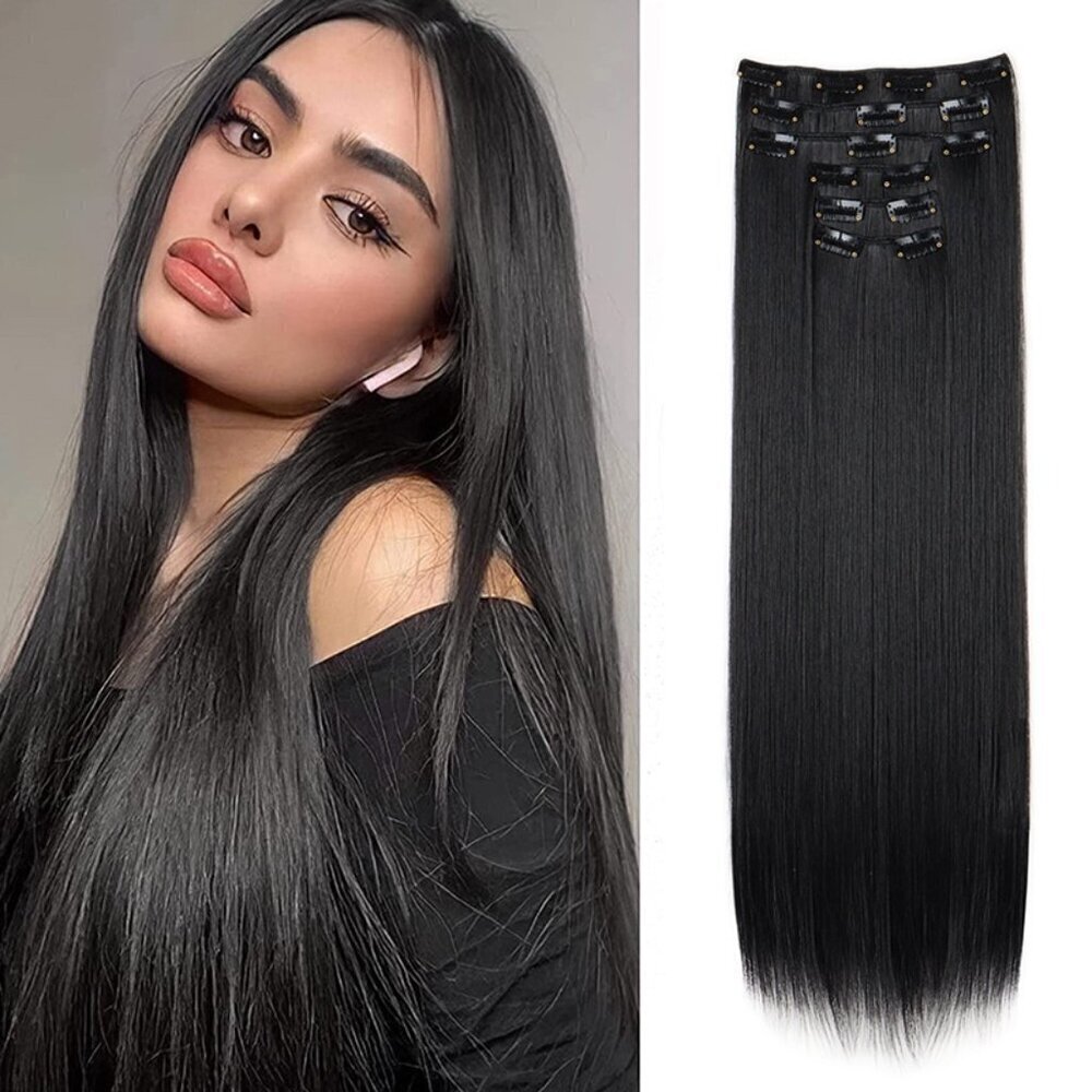 Human hair blend 22 Inch Clip in Long Black Thick straight Hair Extensions
